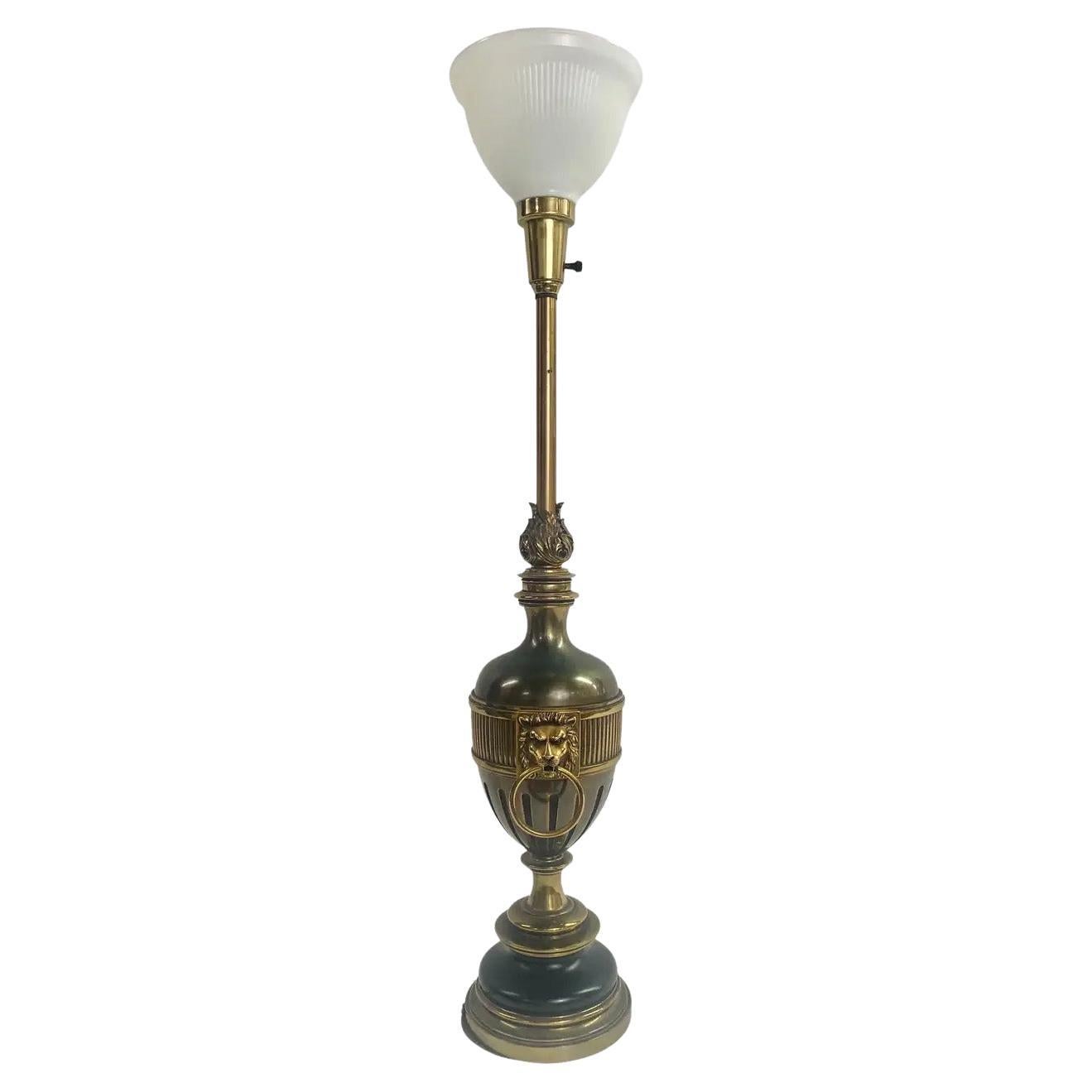 Stiffel Hollywood Regency Style Brass & Ebony with Lion Head Table Lamp For Sale