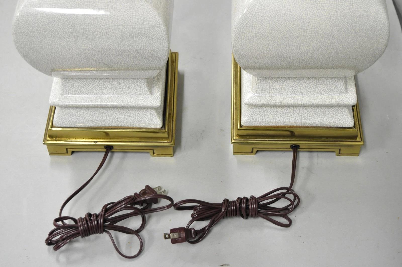 Stiffel Hollywood Regency Tall Crackle Glazed Ceramic & Brass Table Lamps a Pair For Sale 5