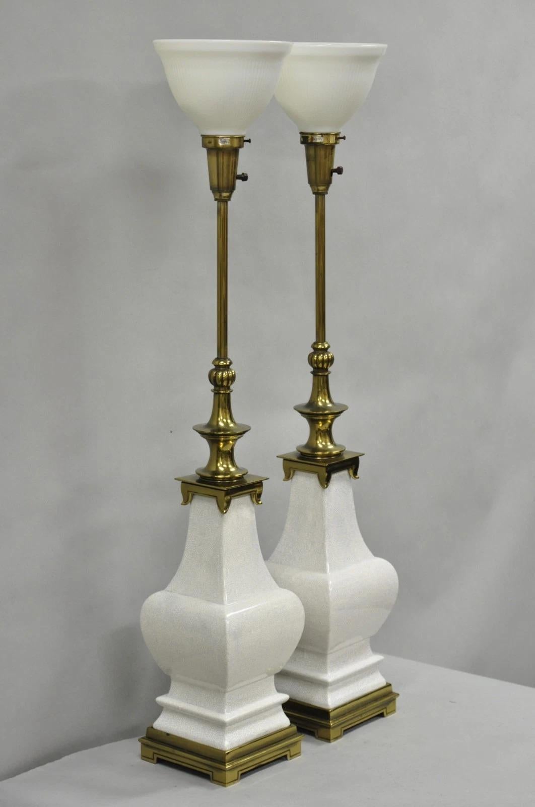 Stiffel Hollywood Regency Tall Crackle Glazed Ceramic & Brass Table Lamps a Pair For Sale 7