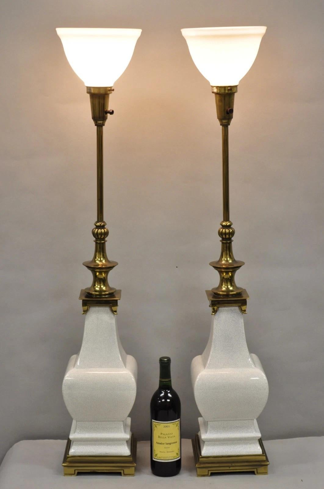 Vintage Stiffel Hollywood Regency Tall White Crackle Glazed Ceramic & Brass 