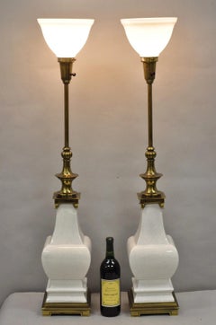 Stiffel Hollywood Regency Tall Crackle Glazed Ceramic & Brass Table Lamps a Pair