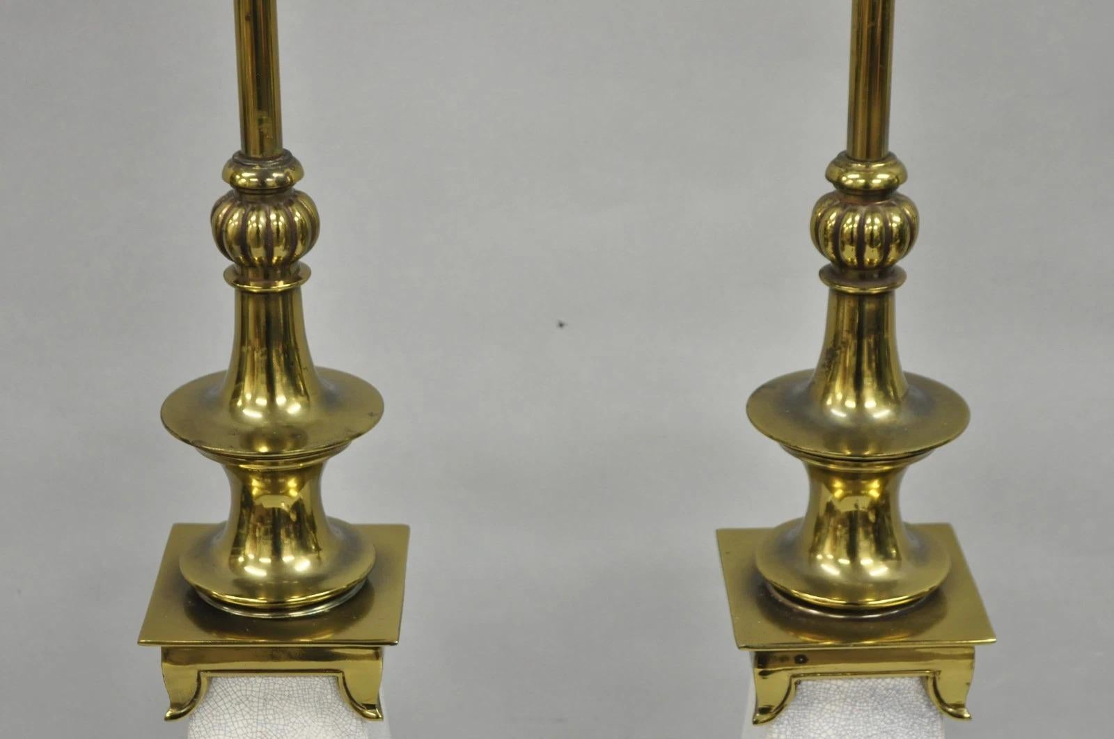 Stiffel Hollywood Regency Tall Crackle Glazed Ceramic & Brass Table Lamps a Pair In Good Condition For Sale In Philadelphia, PA