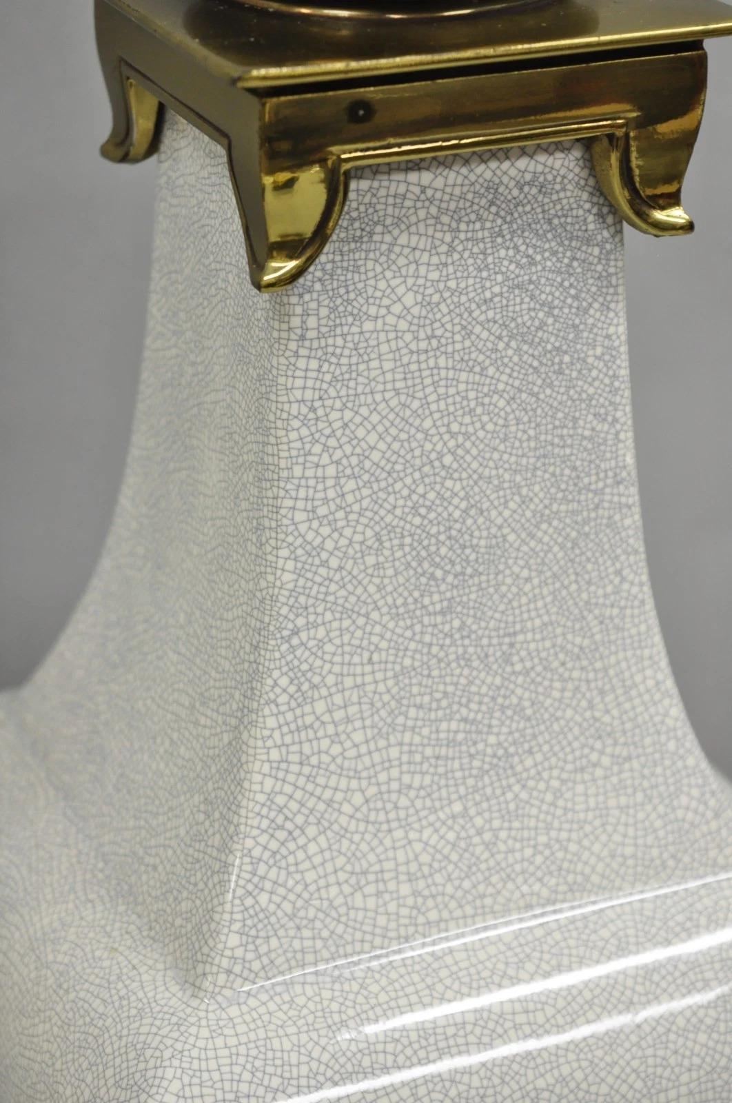 Stiffel Hollywood Regency Tall Crackle Glazed Ceramic & Brass Table Lamps a Pair For Sale 2