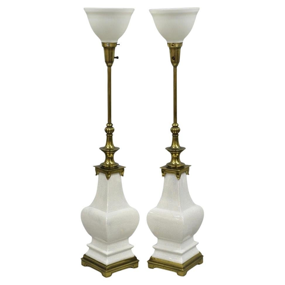 Stiffel Hollywood Regency Tall Crackle Glazed Ceramic & Brass Table Lamps a Pair For Sale