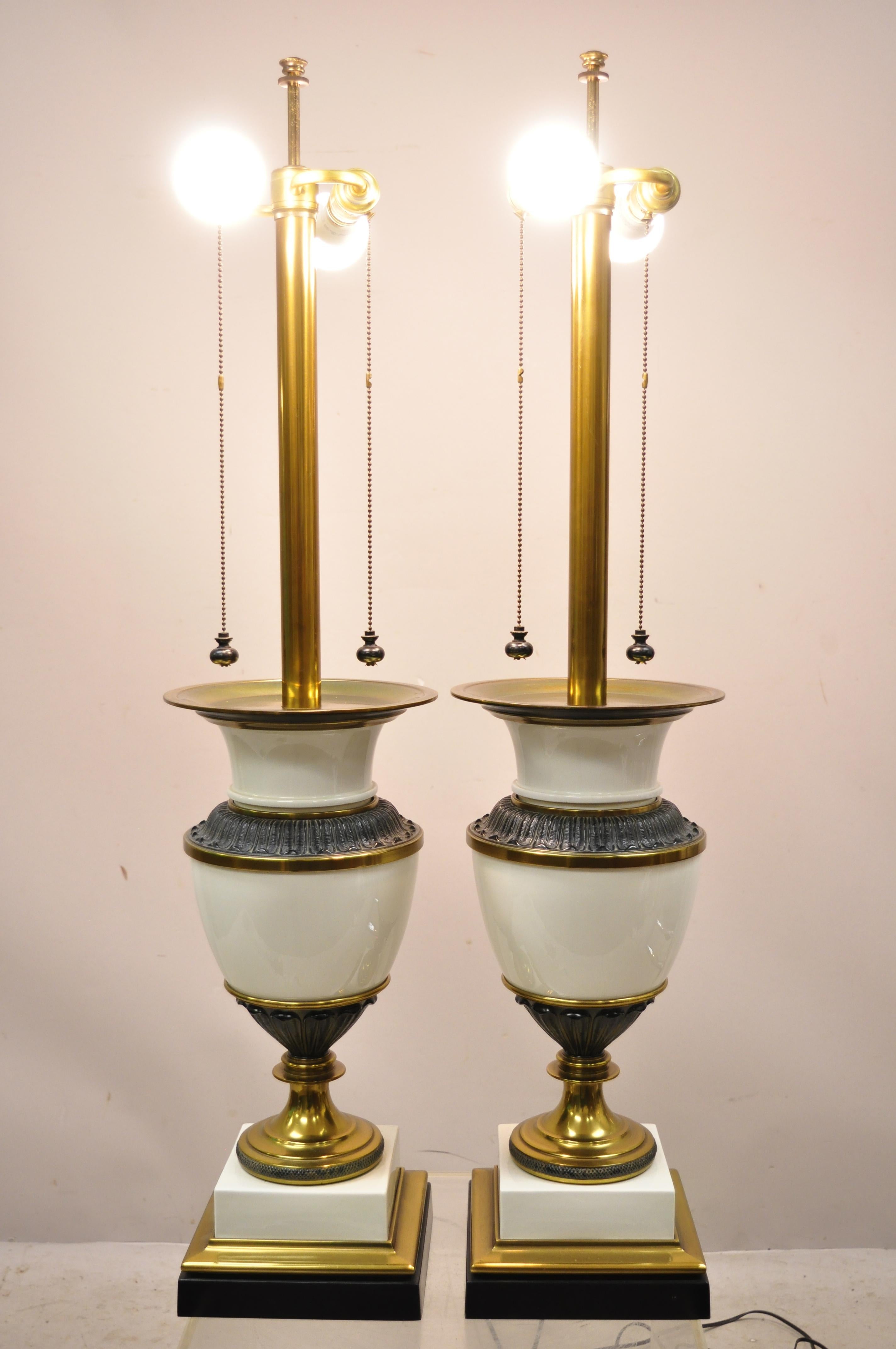 Metal Stiffel Italian Regency Large Porcelain Urn Brass Finish Tall Table Lamps, Pair For Sale