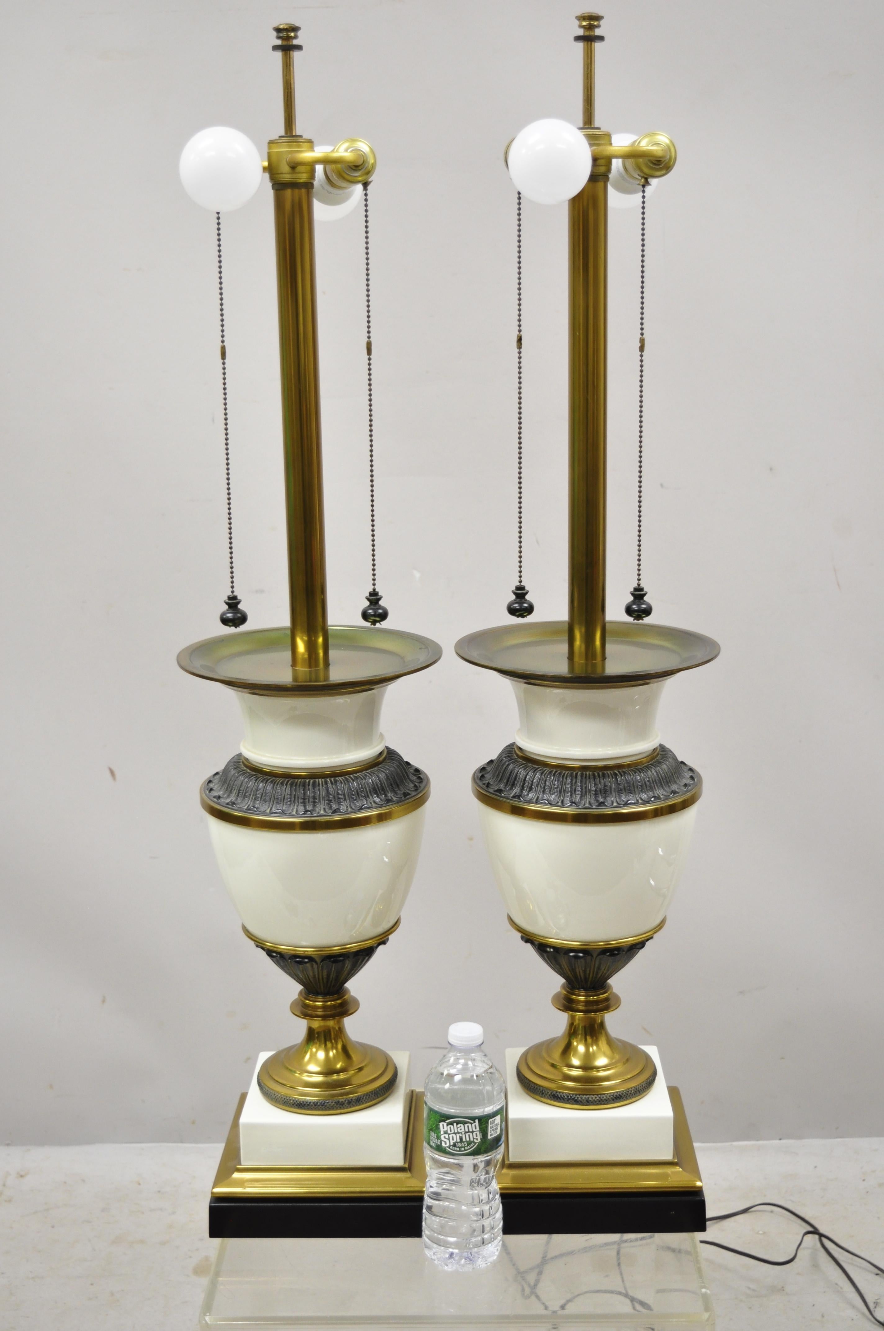 Stiffel Italian Regency Large Porcelain Urn Brass Finish Tall Table Lamps, Pair For Sale 2