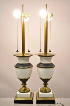 Stiffel Italian Regency Large Porcelain Urn Brass Finish Tall Table Lamps - Pair