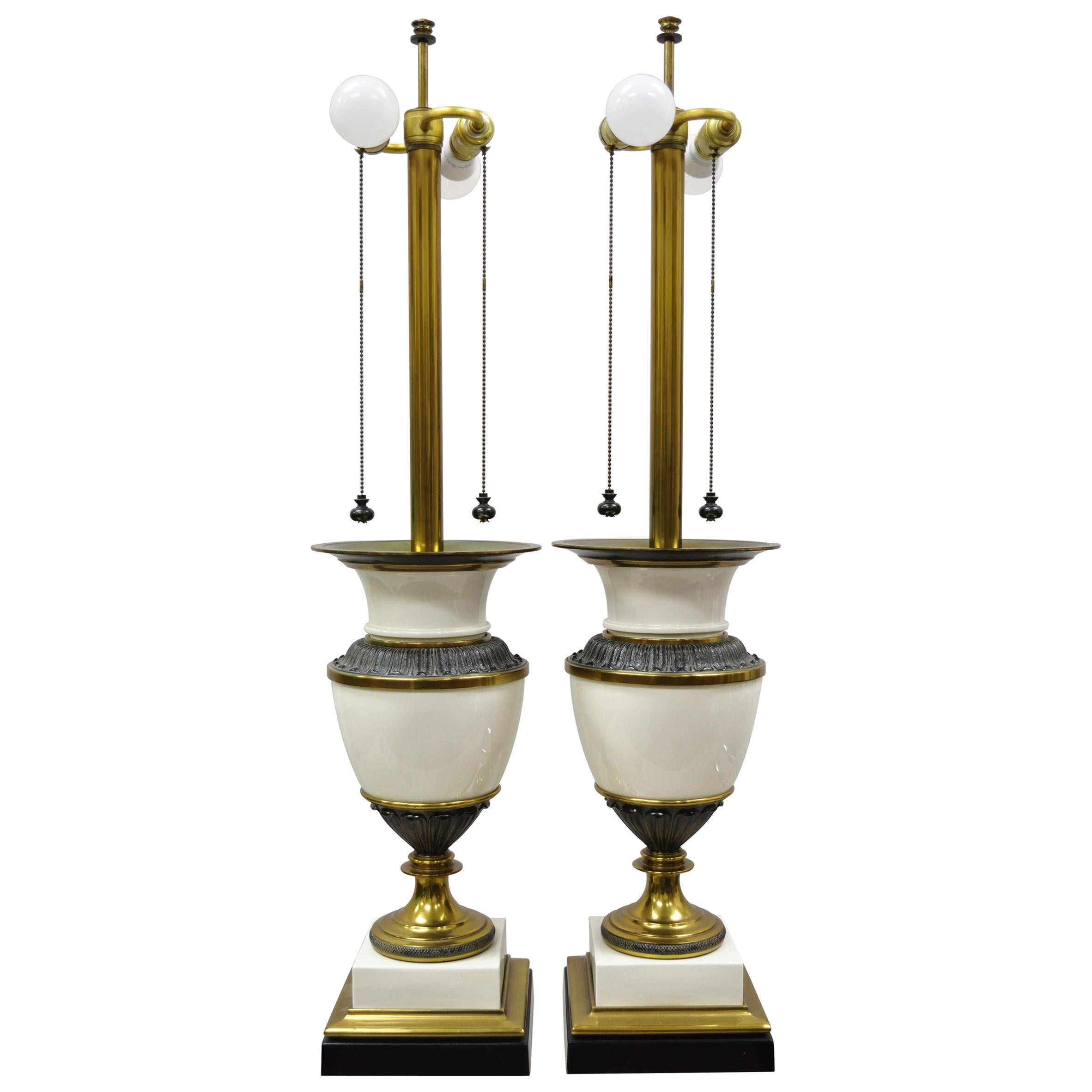 Stiffel Italian Regency Large Porcelain Urn Brass Finish Tall Table Lamps, Pair For Sale