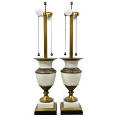 Vintage Stiffel Italian Regency Large Porcelain Urn Brass Finish Tall Table Lamps, Pair