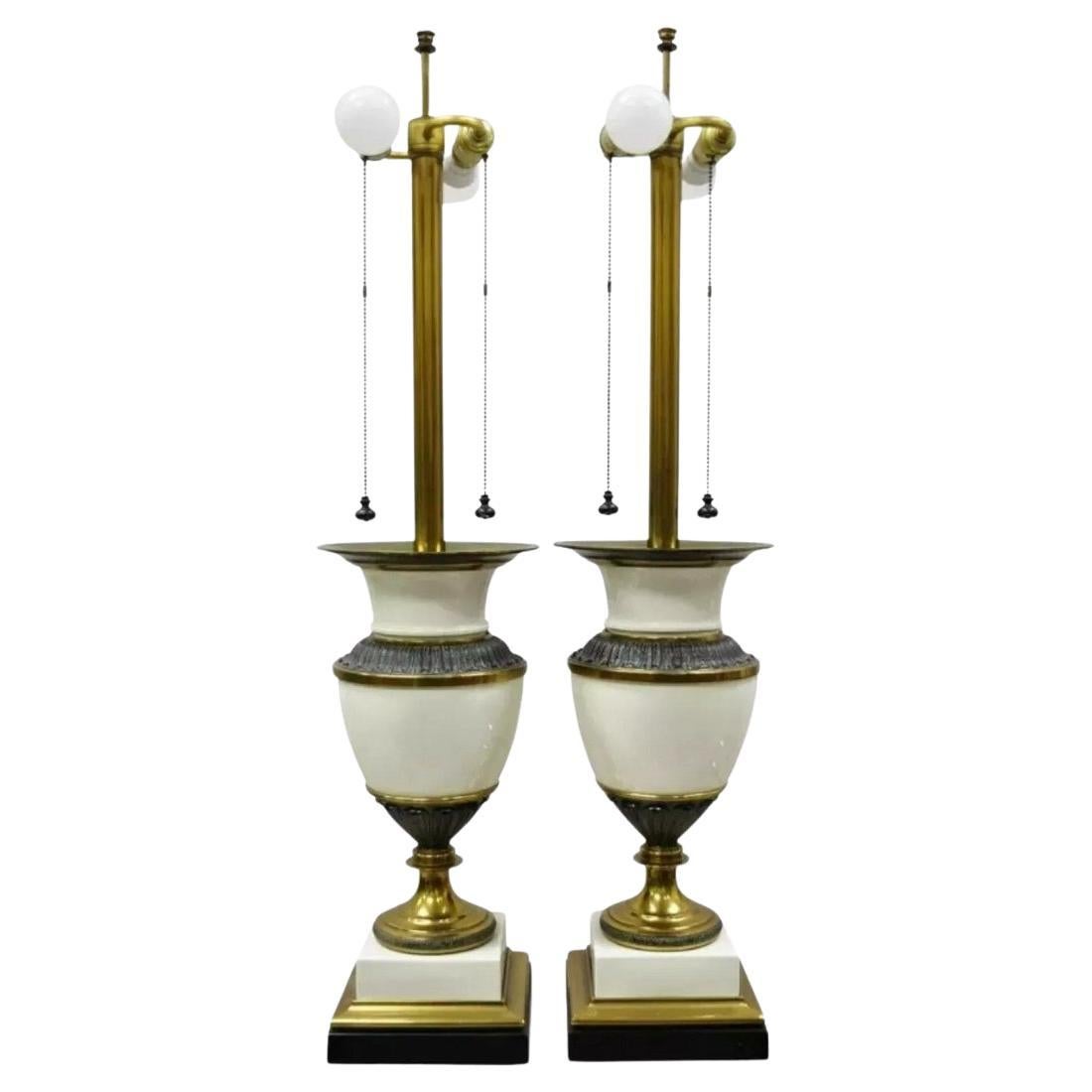 Stiffel Italian Regency Large Porcelain Urn Brass Finish Tall Table Lamps - Pair