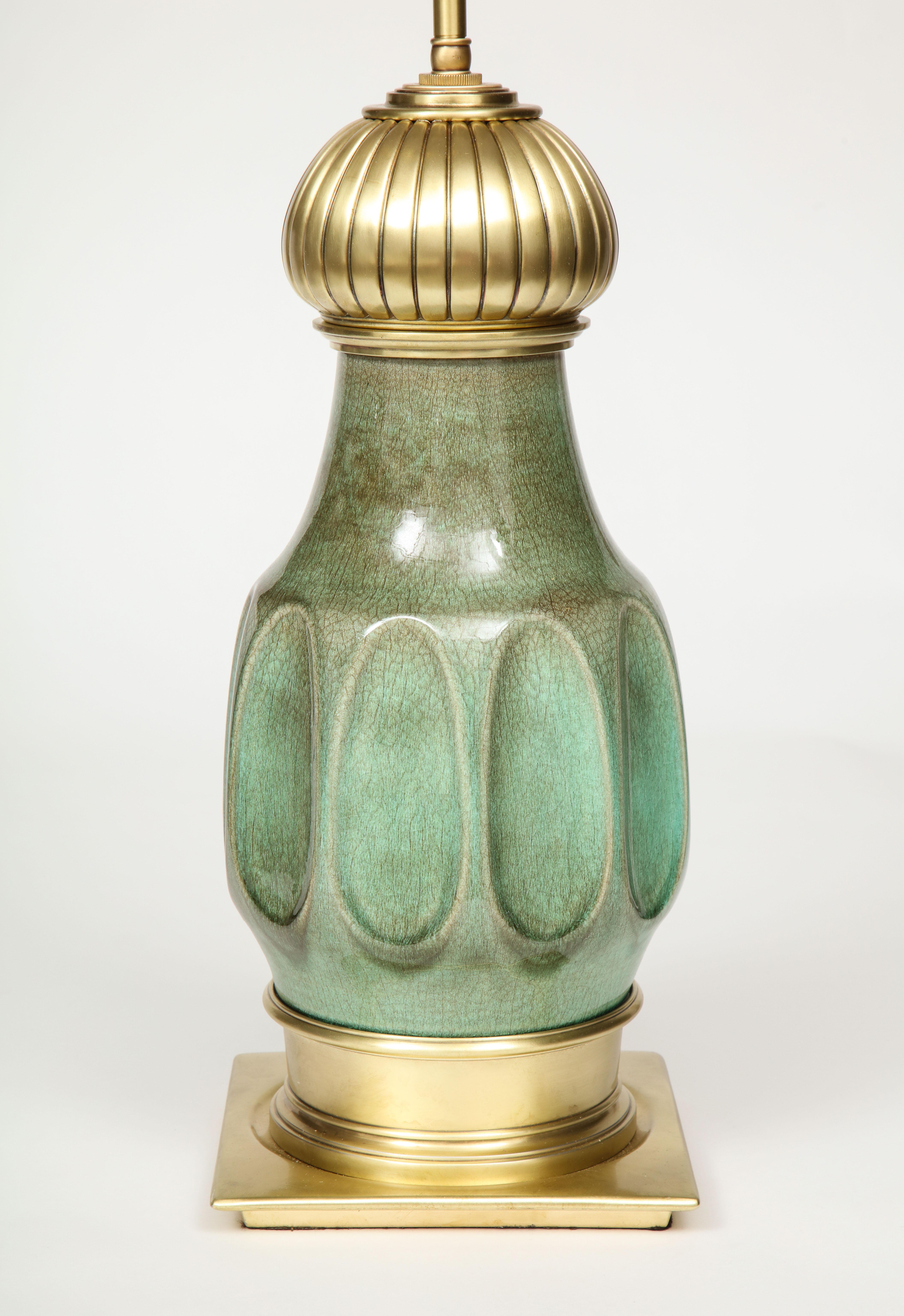 Brass Stiffel Jade Green Porcelain Lamps