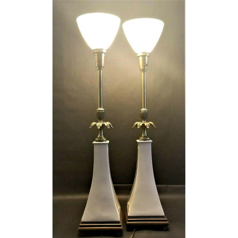 Hollywood Regency Stiffel Lenox Obelisk Torchier Porcelain and Brass Table Lamps