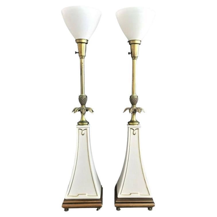 Stiffel Lenox Obelisk Torchier Porcelain and Brass Table Lamps For Sale
