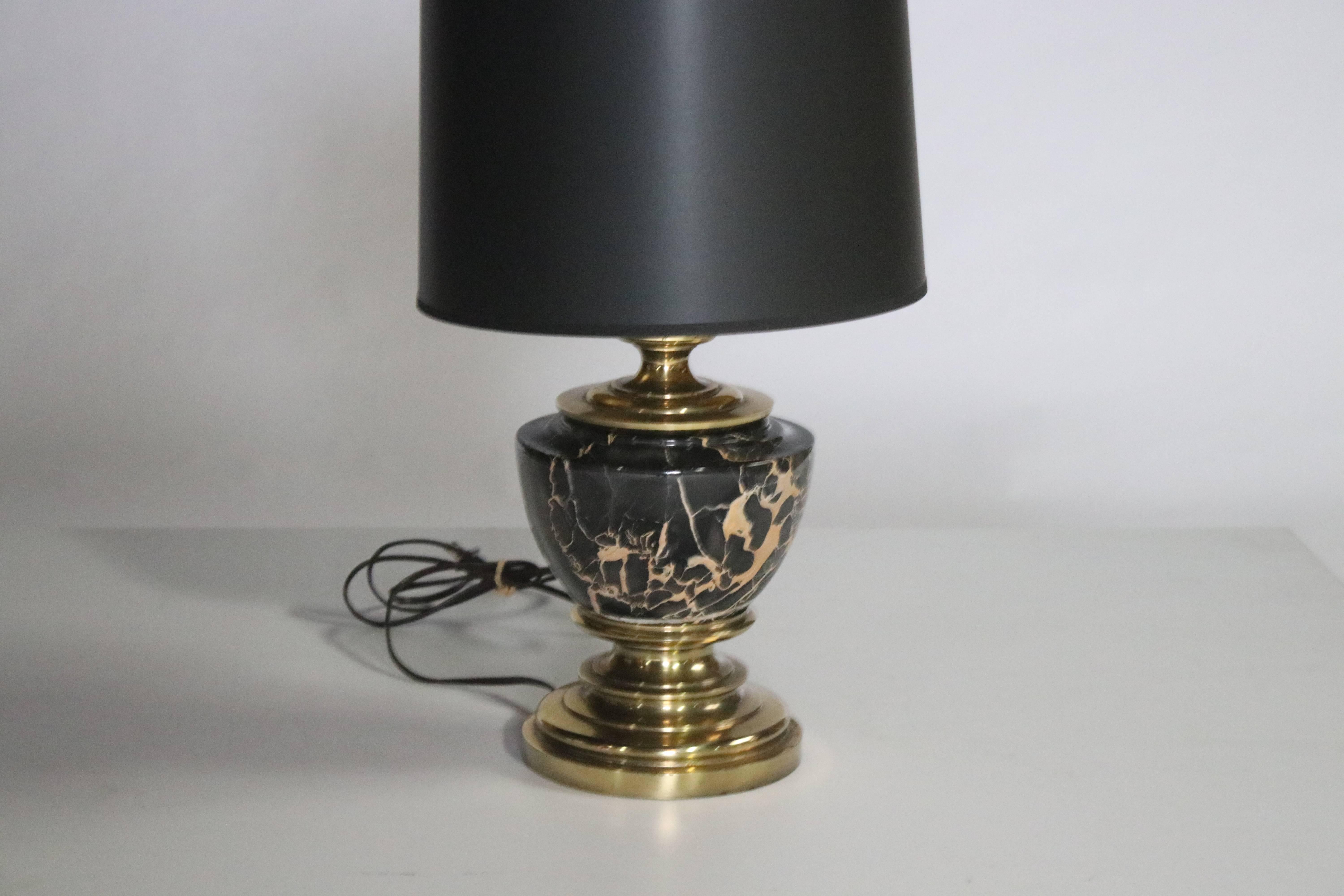 Midcentury marble and brass table lamp by Stiffel, labelled. Complete with a custom black drum shade (11