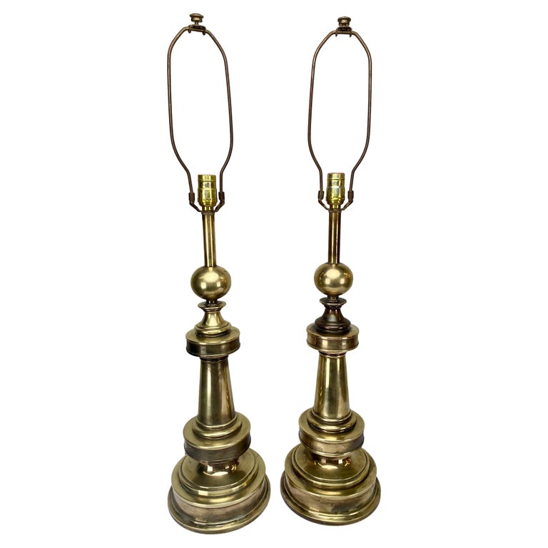 Pair Mid Century Modern Stiffel Brass Finial Shape Table Lamps