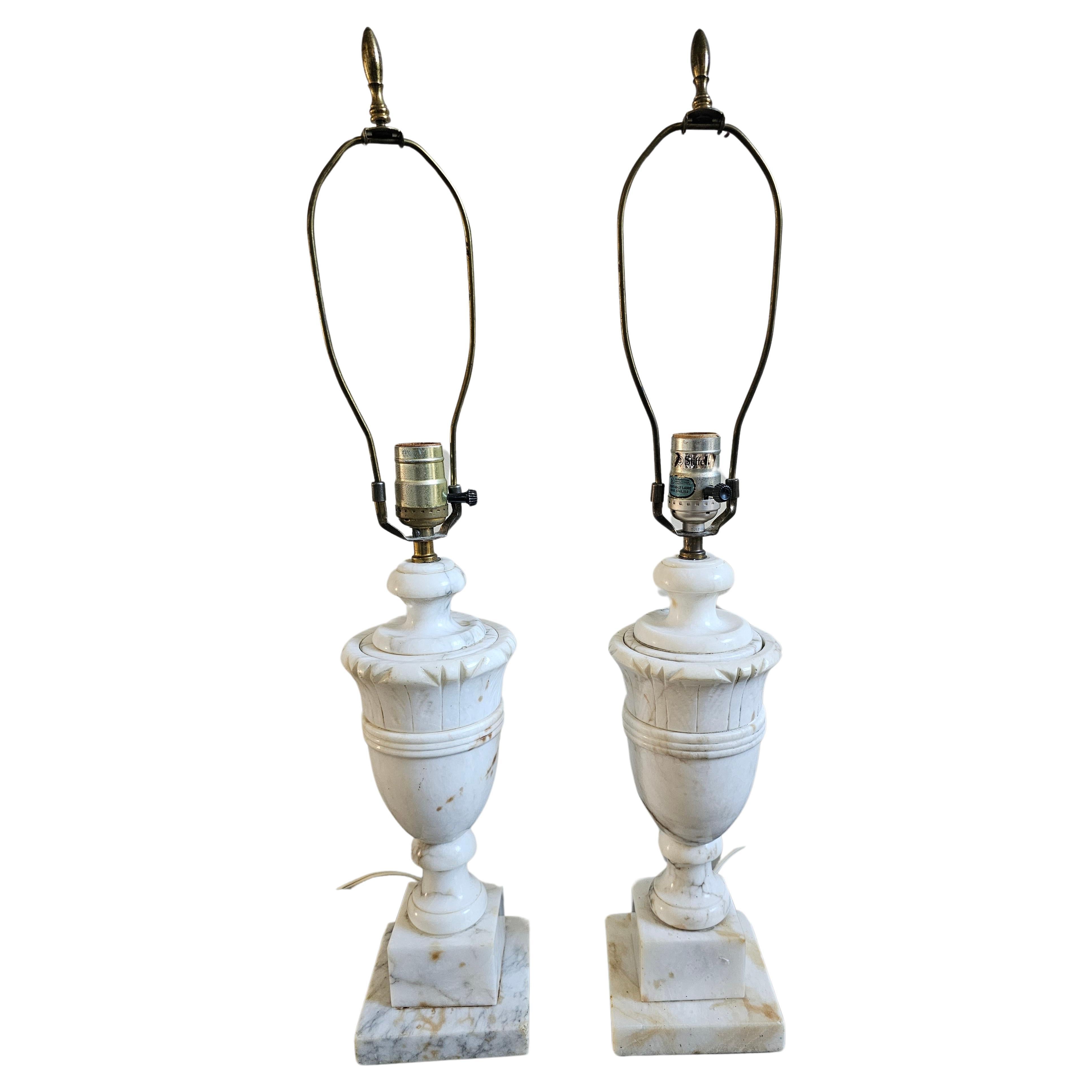 Stiffel Mid-Century Neo-Classical Italian White Marble Table Lamps For Sale