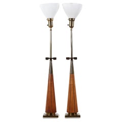 Vintage Stiffel Mid Century Walnut and Brass Lamps - Pair