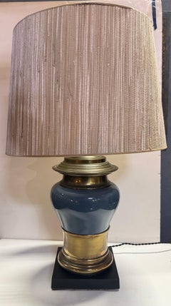 Stiffel Midcentury Blue Porcelain & Brass Table Lamps with Vintage Shades