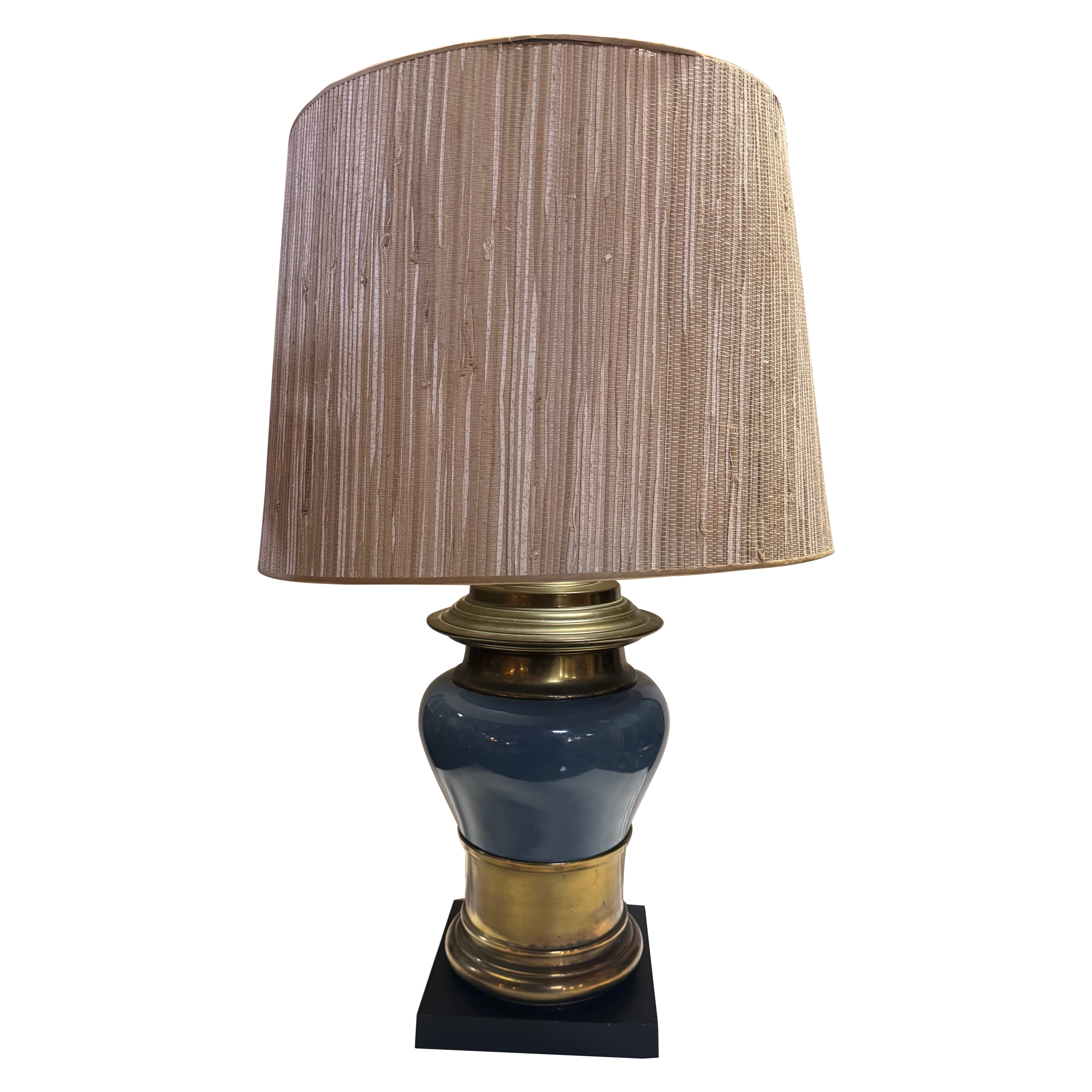 Stiffel Midcentury Blue Porcelain 
Brass Table Lamps with Vintage Shades For Sale