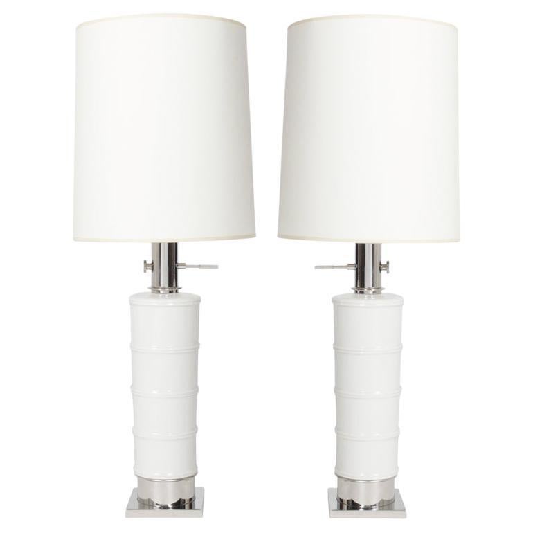 Stiffel Nickel and White Ceramic Table Lamps