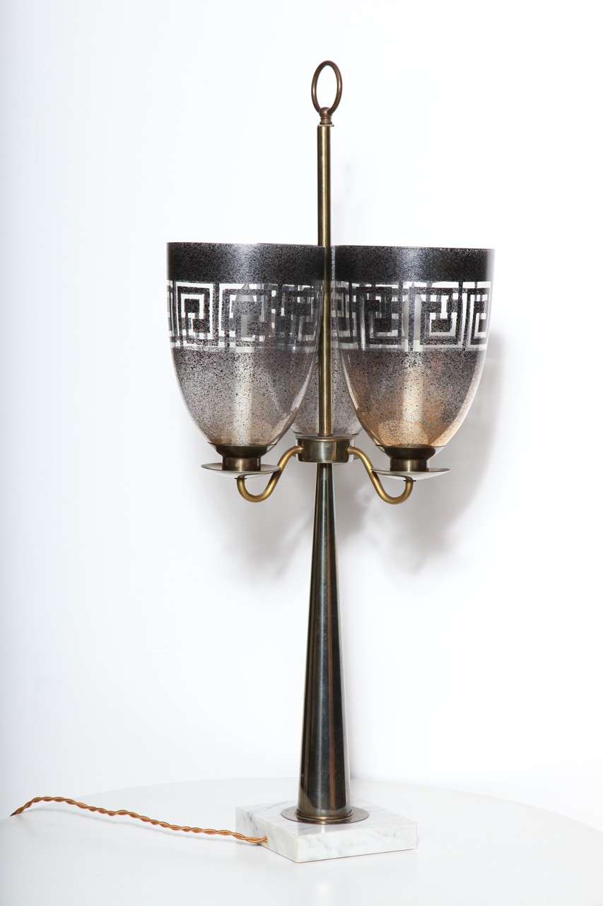 Mid-20th Century Stiffel Parzinger Style Triple Hurricane Shade Candlestick Table Lamp, 1950s