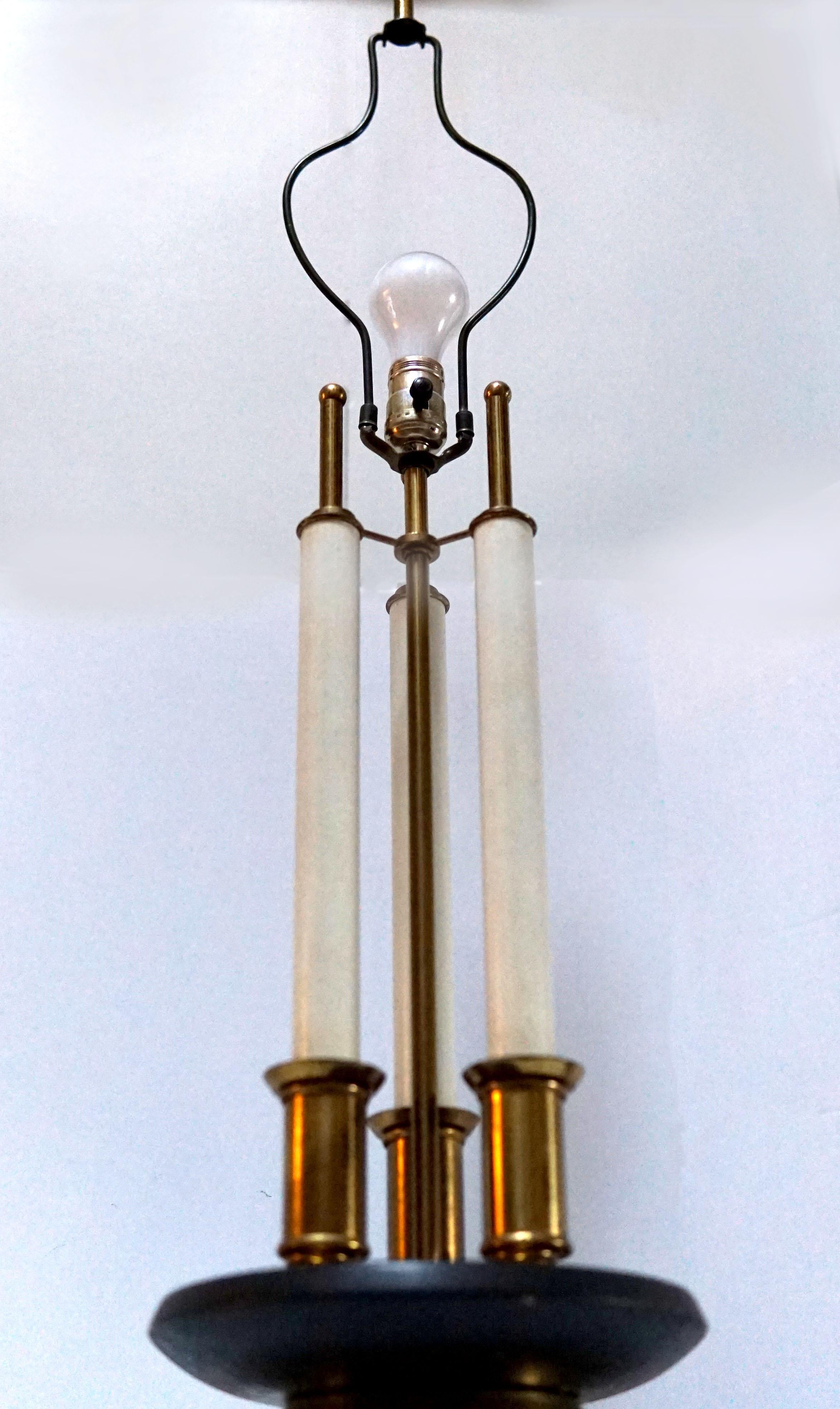 American Stiffel Parzinger Three Candle Mid Century Brass Wood Lamp with Custom Shade For Sale