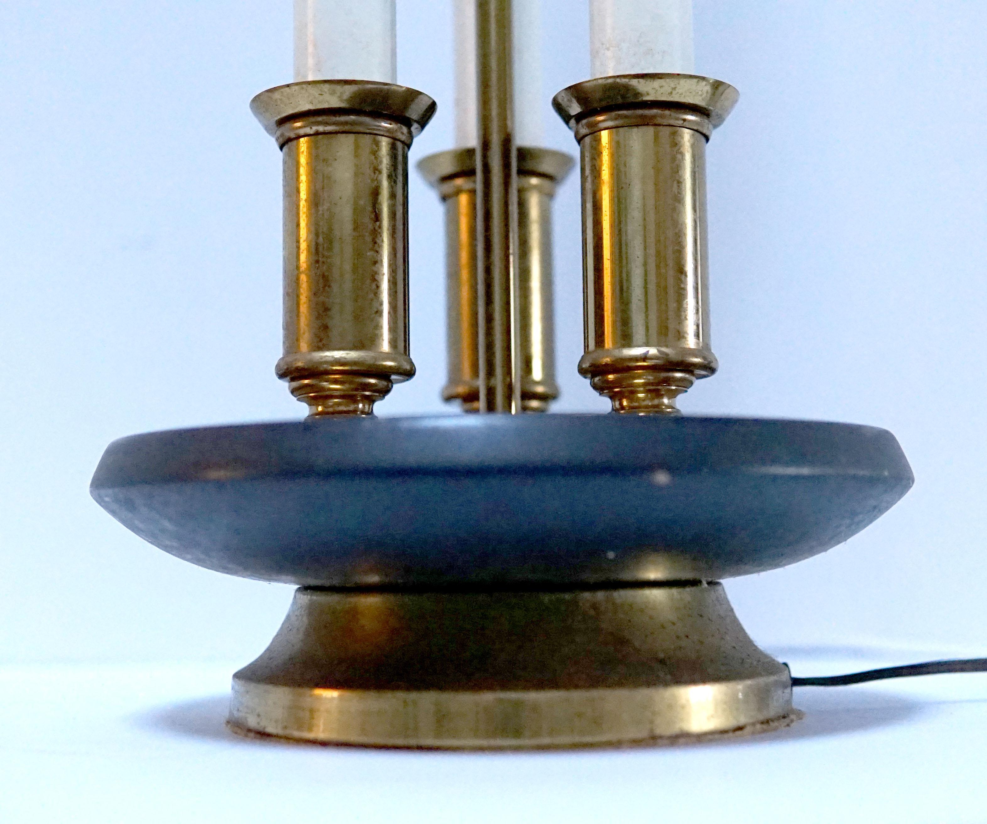 Stiffel Parzinger Three Candle Mid Century Brass Wood Lamp with Custom Shade For Sale 1