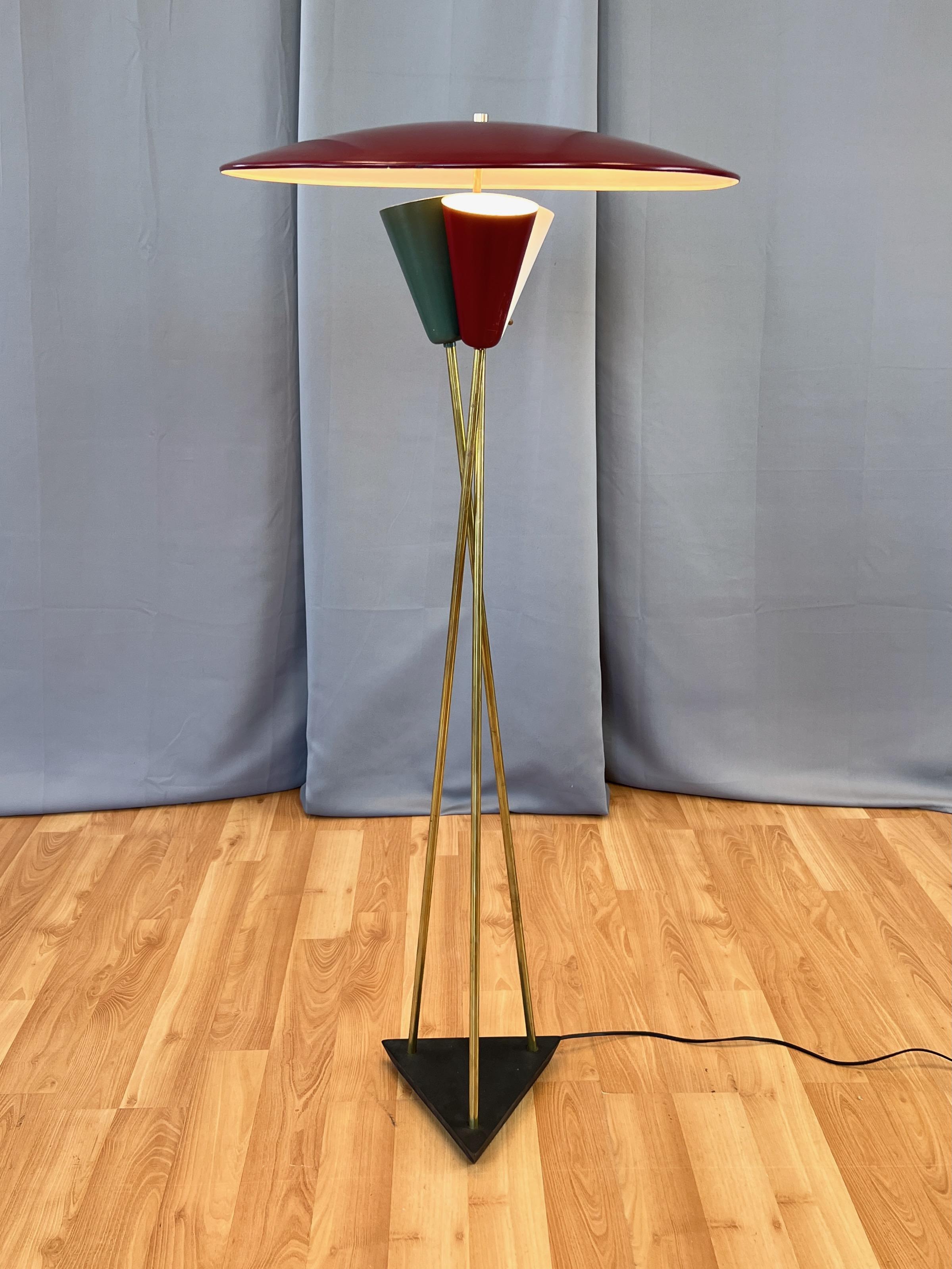 Mid-Century Modern Stiffel Saucer Shade Enameled Metal and Brass Three-Light Floor Lamp, 1950s For Sale