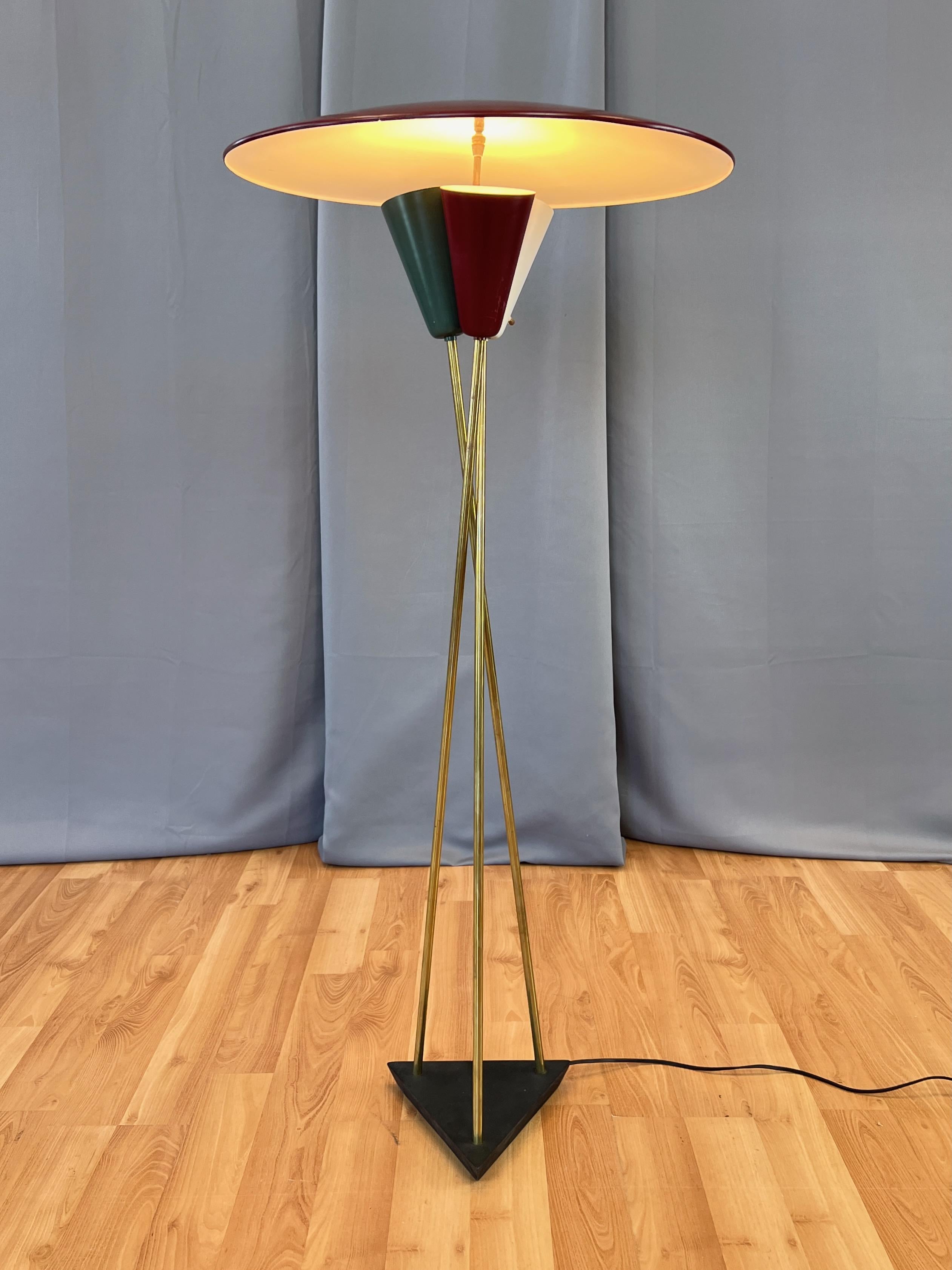 American Stiffel Saucer Shade Enameled Metal and Brass Three-Light Floor Lamp, 1950s For Sale