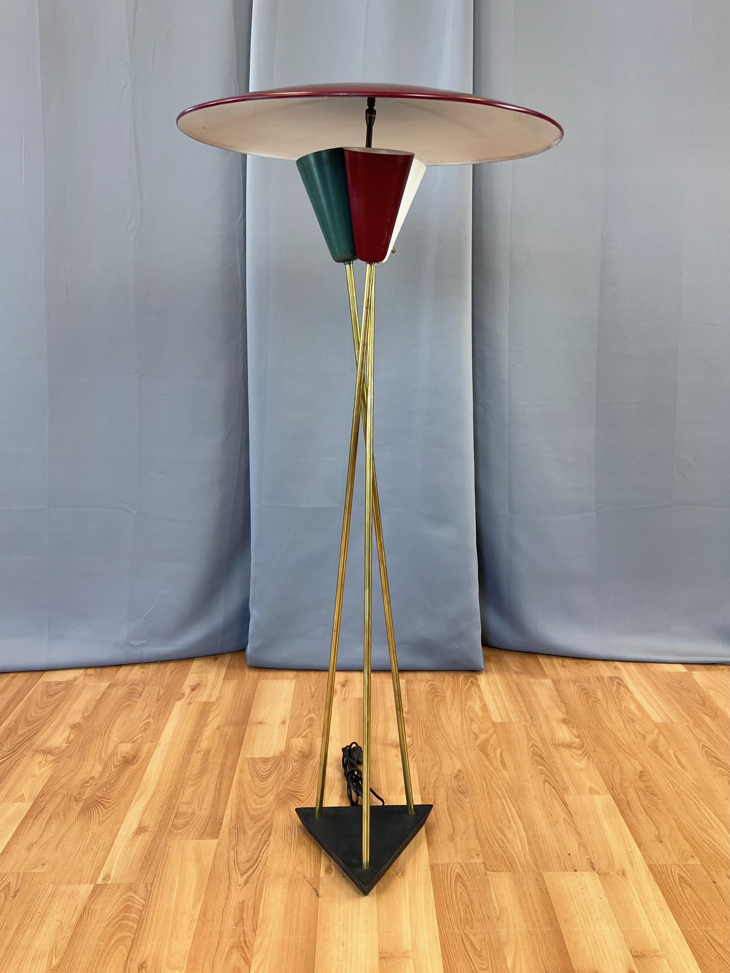 Cast Stiffel Saucer Shade Enameled Metal and Brass Three-Light Floor Lamp, 1950s For Sale