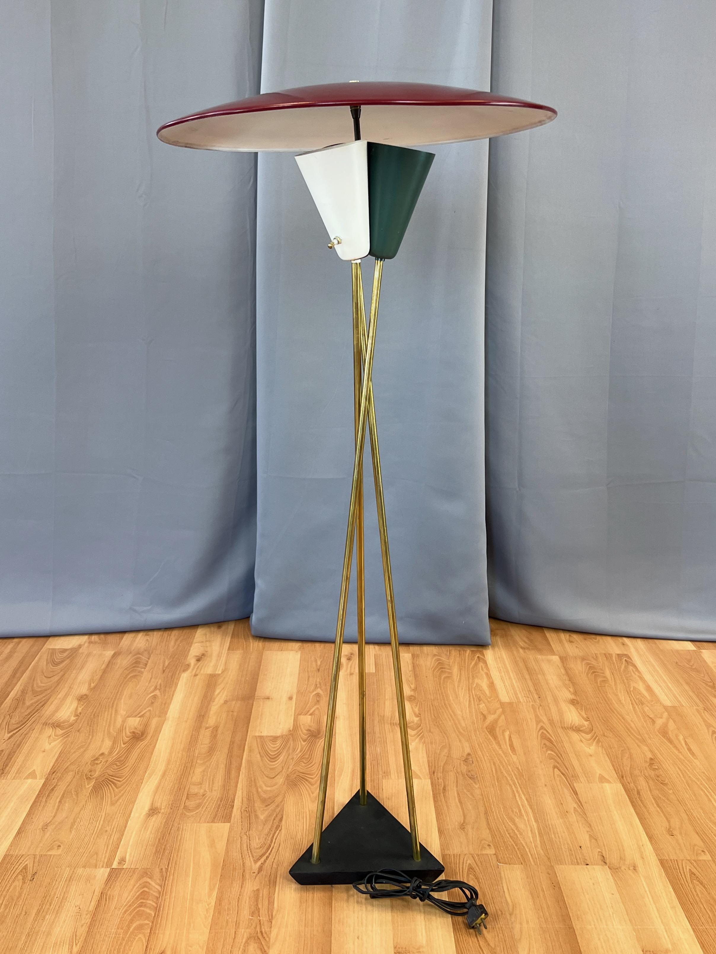 Mid-20th Century Stiffel Saucer Shade Enameled Metal and Brass Three-Light Floor Lamp, 1950s For Sale