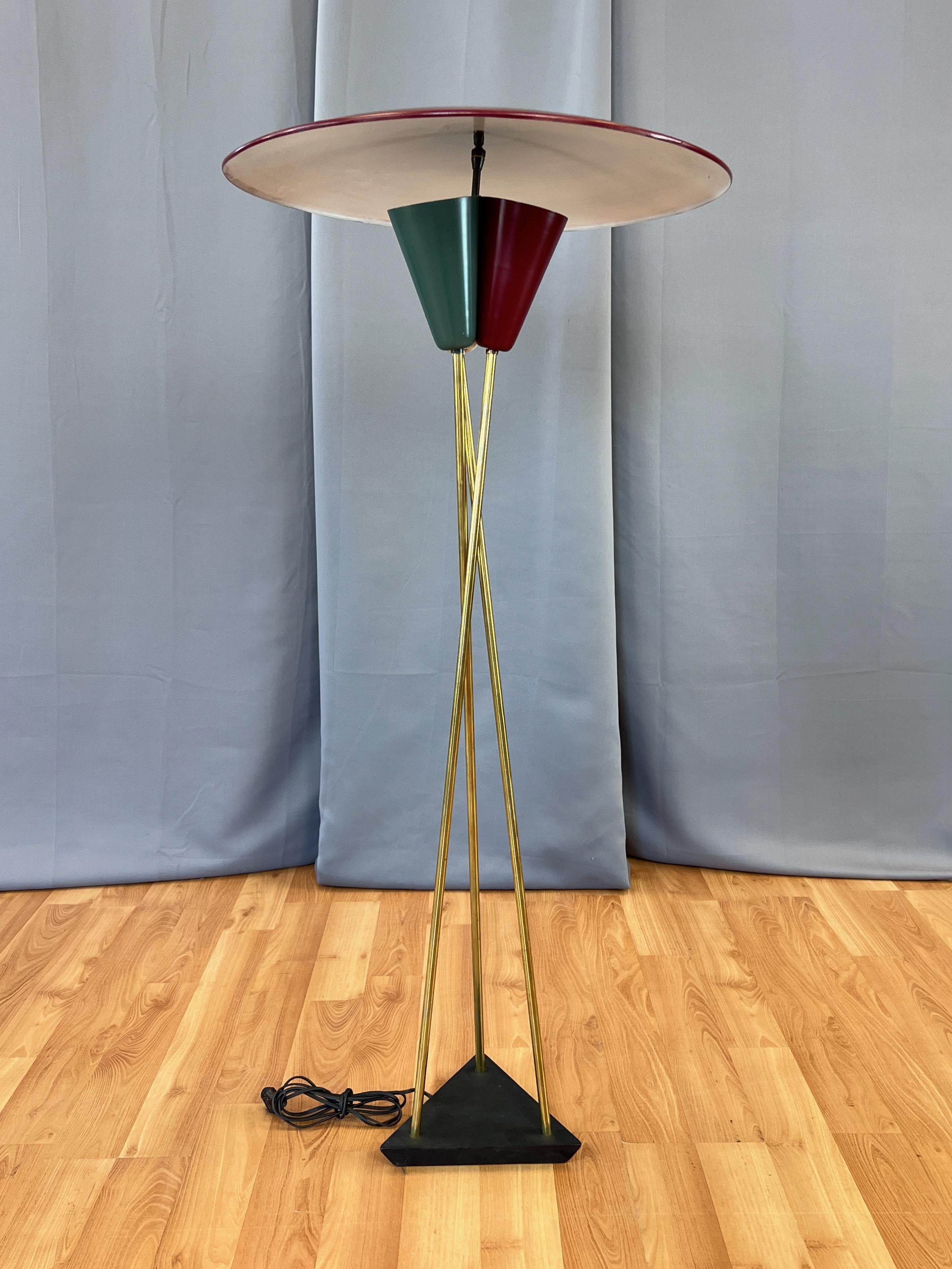 Stiffel Saucer Shade Enameled Metal and Brass Three-Light Floor Lamp, 1950s For Sale 2