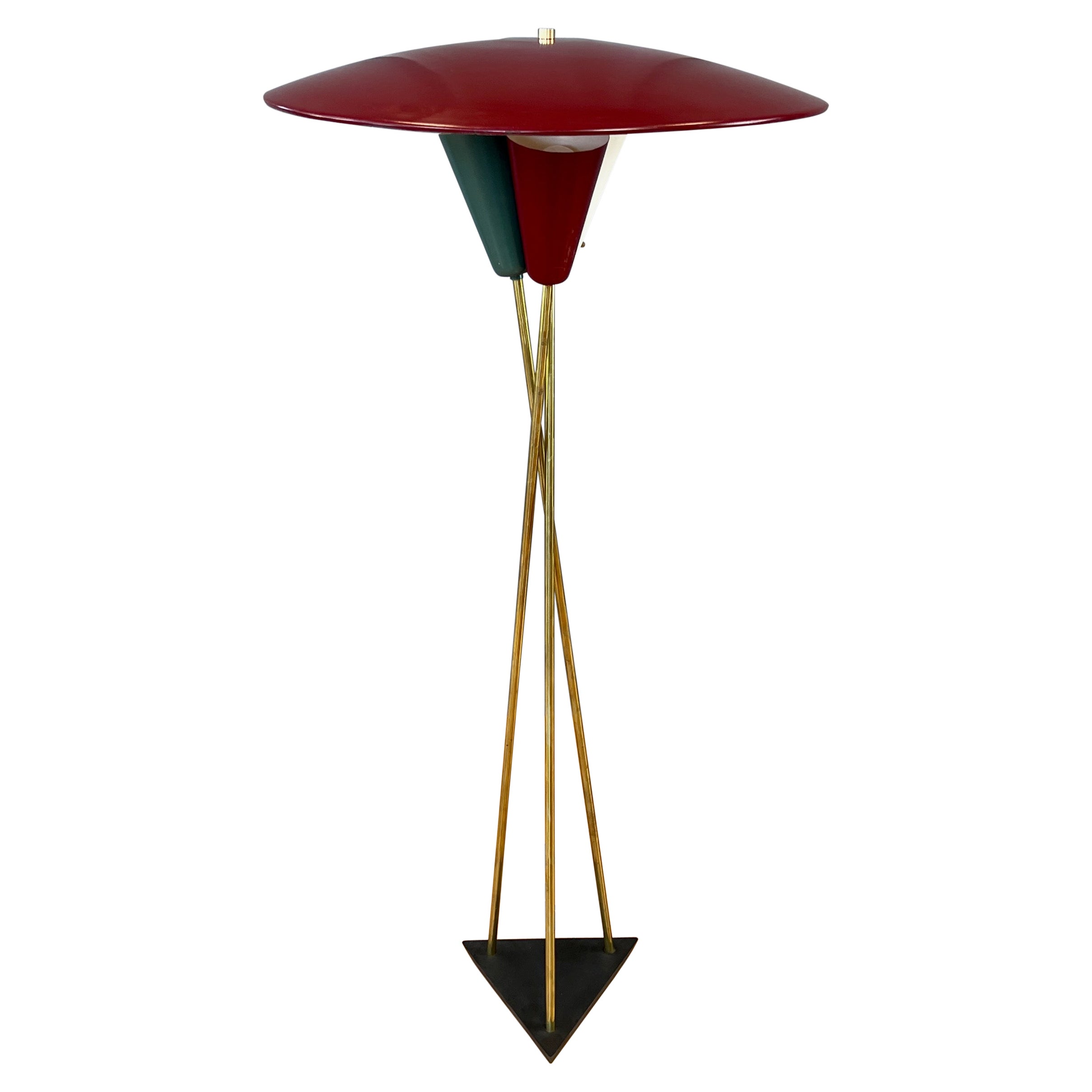 Stiffel Saucer Shade Enameled Metal and Brass Three-Light Floor Lamp, 1950s For Sale