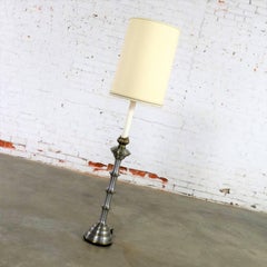 Stiffel Tall Table Lamp or Low Floor Lamp Midcentury Brass and Brushed Stainless