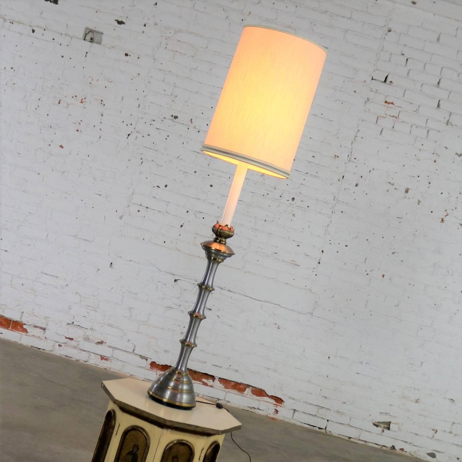 American Stiffel Tall Table Lamp or Low Floor Lamp Midcentury Brass and Brushed Stainless For Sale