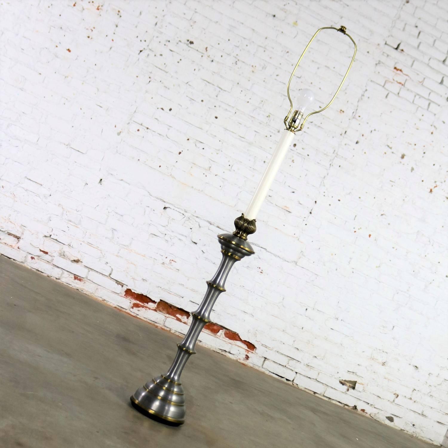 20th Century Stiffel Tall Table Lamp or Low Floor Lamp Midcentury Brass and Brushed Stainless For Sale