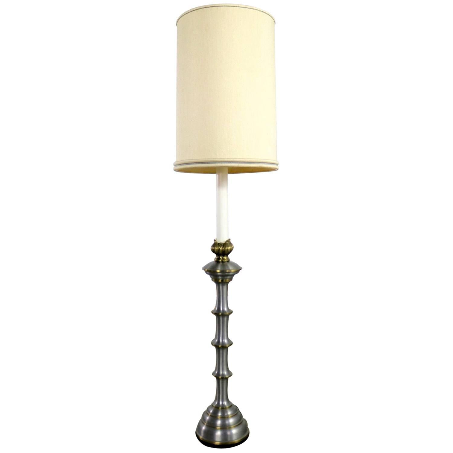 Stiffel Tall Table Lamp or Low Floor Lamp Midcentury Brass and Brushed Stainless For Sale