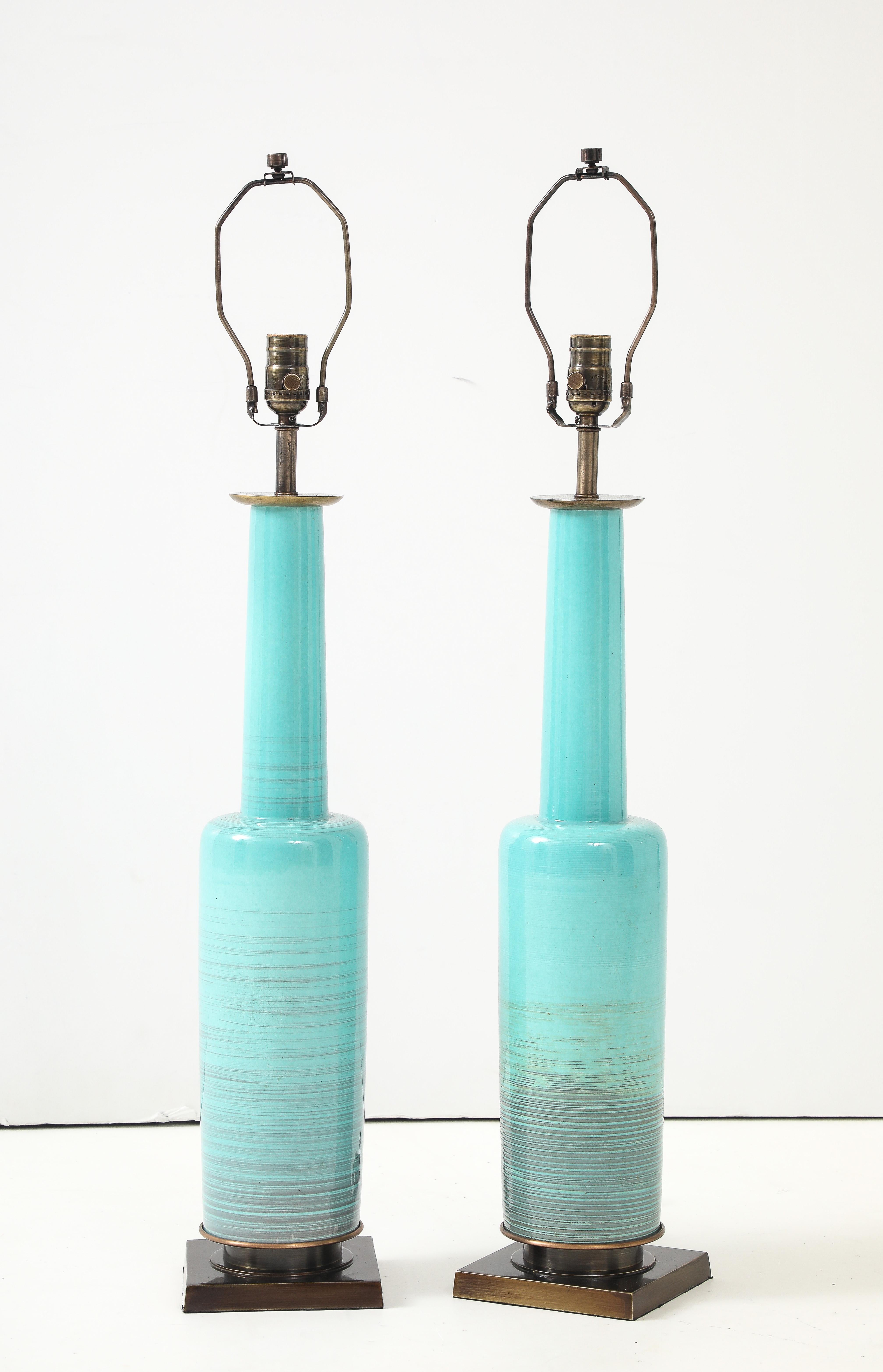 Brass Stiffel Turquoise Porcelain Lamps For Sale
