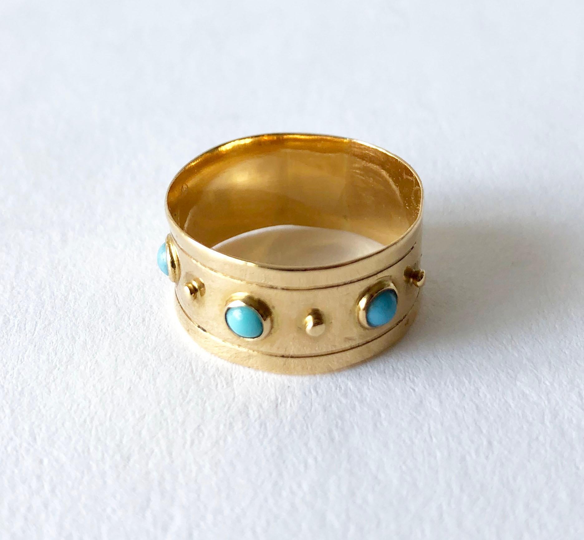 Rare, 18K gold studded ring with Persian turquoise cabochons created by Stig Engelbert of Sweden. 
Ateljé Stigbert was founded in the early 1940's and produced Swedish modernist jewelry. 
Ring is a finger size 7 and is 3.8