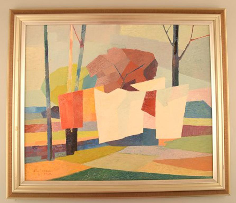 Stig Jonzon. Swedish artist. Oil on canvas. Cubist landscape. Laundry on a string.
In perfect condition.
The canvas measures: 54 cm x 45 cm. The frame measures: 5.5 cm.
Signed and dated. 1967.