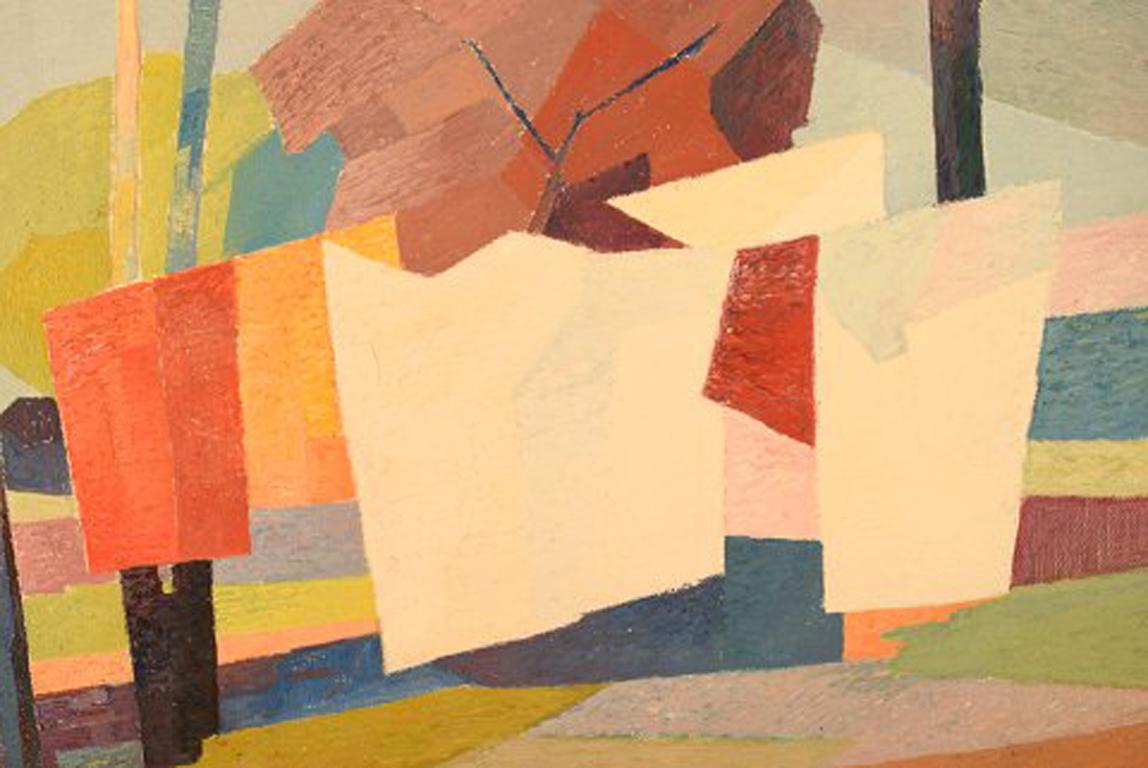 Modern Stig Jonzon, Swedish Artist, Oil on Canvas, Cubist Landscape