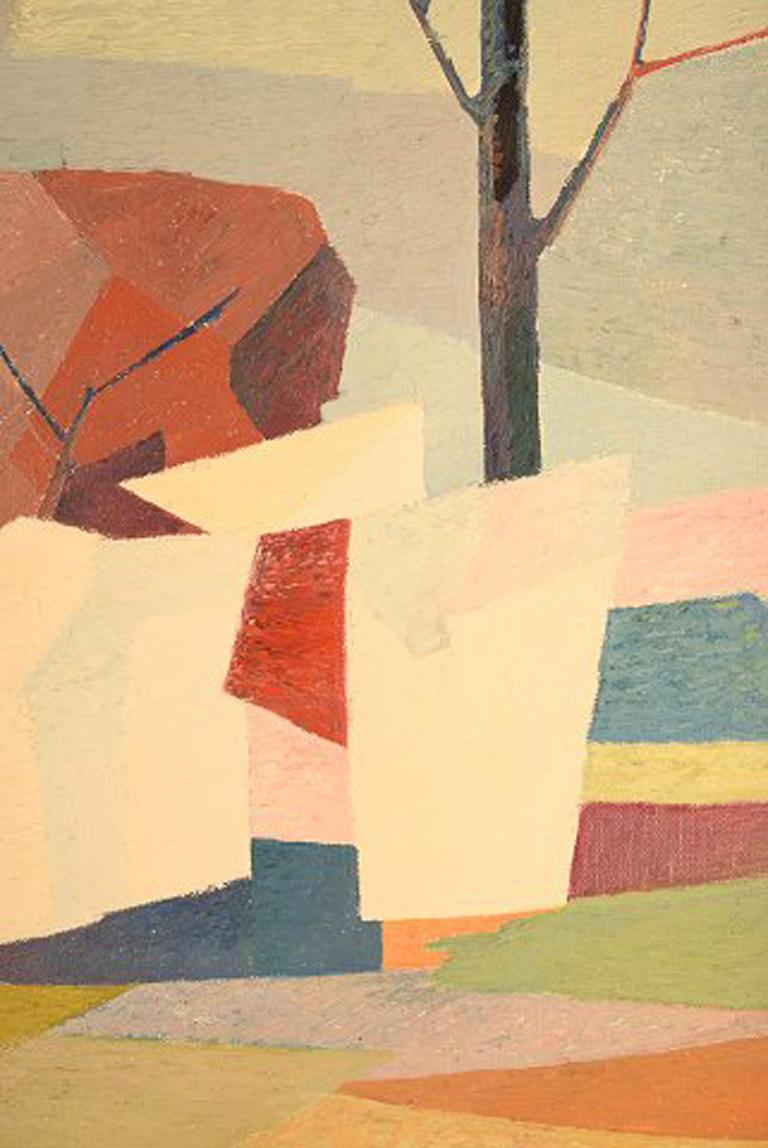 Mid-20th Century Stig Jonzon, Swedish Artist, Oil on Canvas, Cubist Landscape