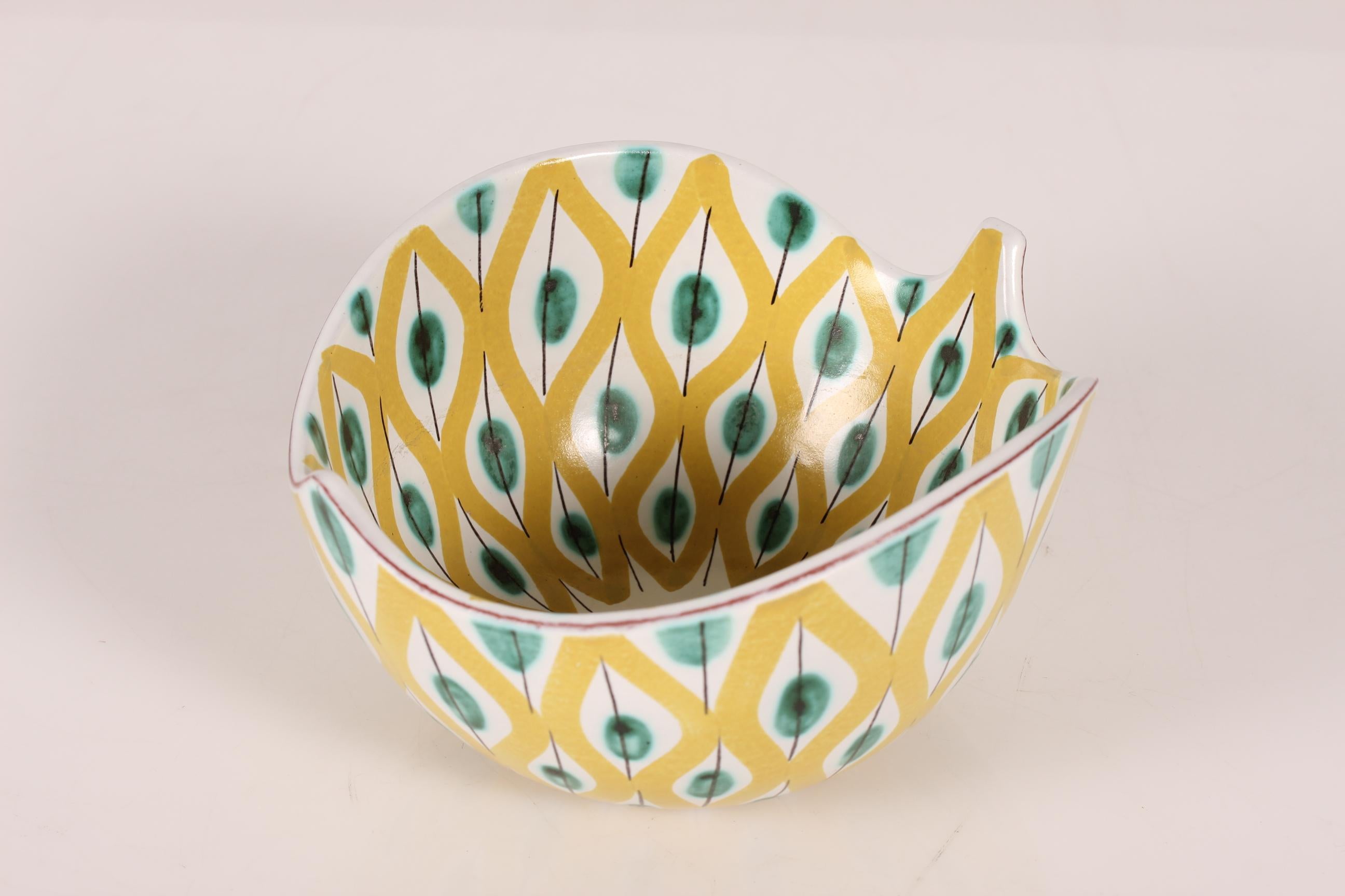 Mid-Century Modern Stig Lindberg for Gustavsberg Leaf Shaped Ceramic Bowl with Colorful Decor 1950s