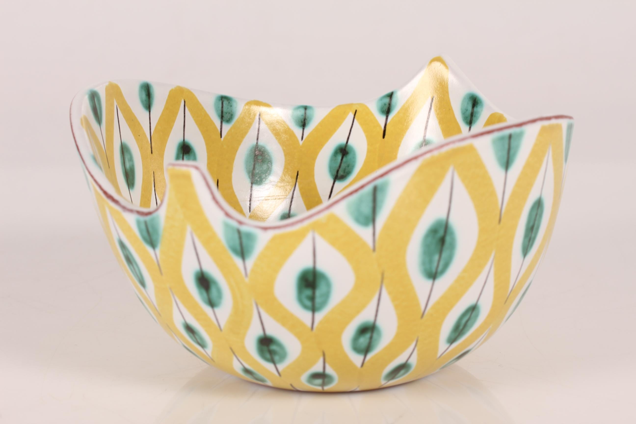 Stig Lindberg for Gustavsberg Leaf Shaped Ceramic Bowl with Colorful Decor 1950s 1