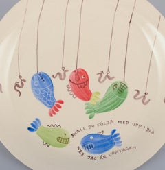 Stig Lindberg for Gustavsberg. "Löja" plate. Hand-painted with a fish motif