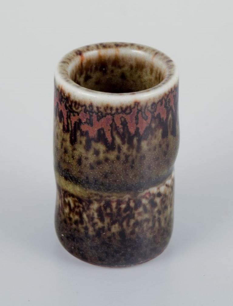 Swedish Stig Lindberg for Gustavsberg Studio. Miniature vase with green-brown glaze.  For Sale