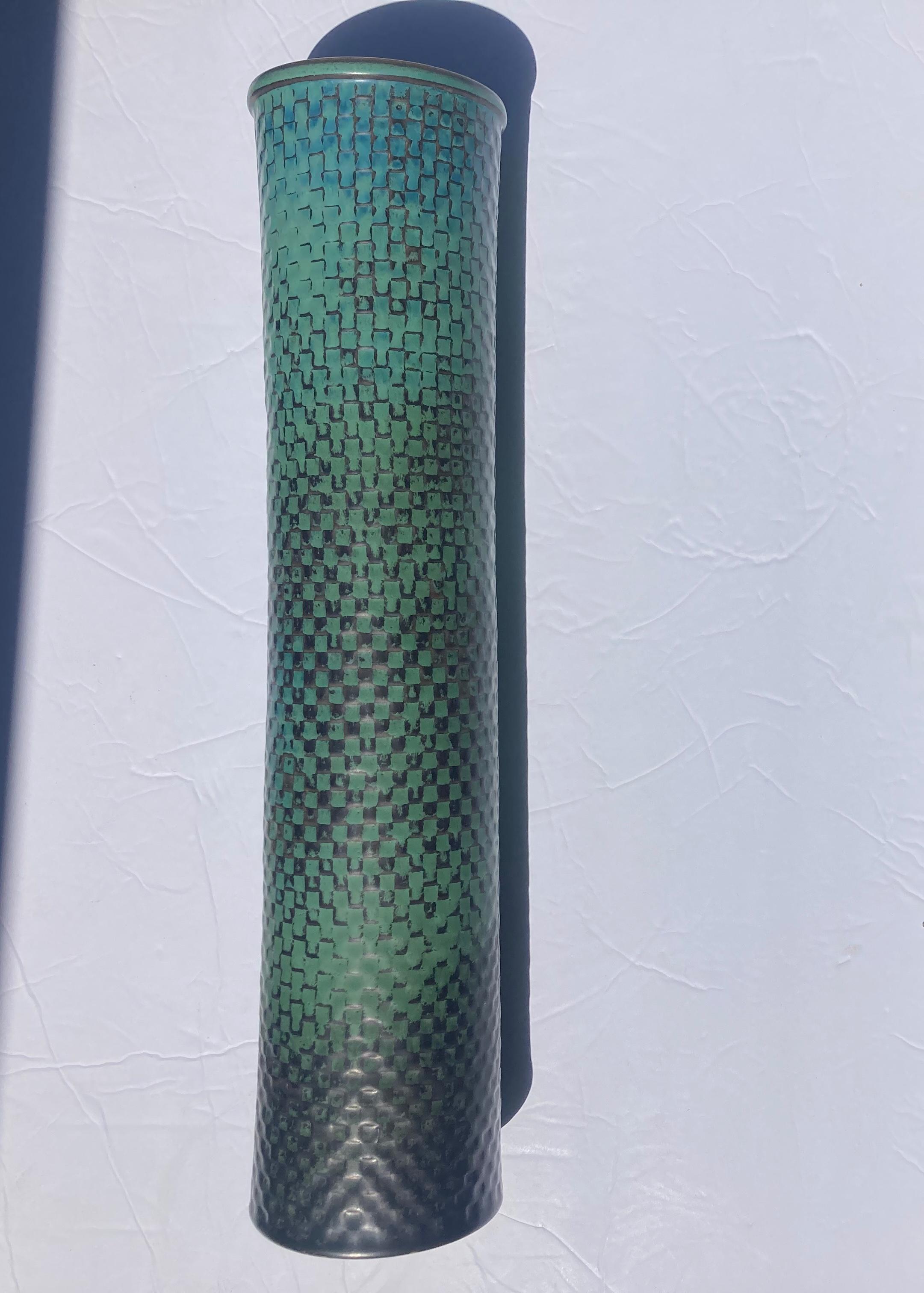 Stig Lindberg by Gustavsberg studio, Sweden, Unique stoneware with relief pattern in this monumental vase with matte green and charcoal grey glaze. Very rare vase. We list the piece in good/ great condition, but seems to be perfect. It was tested