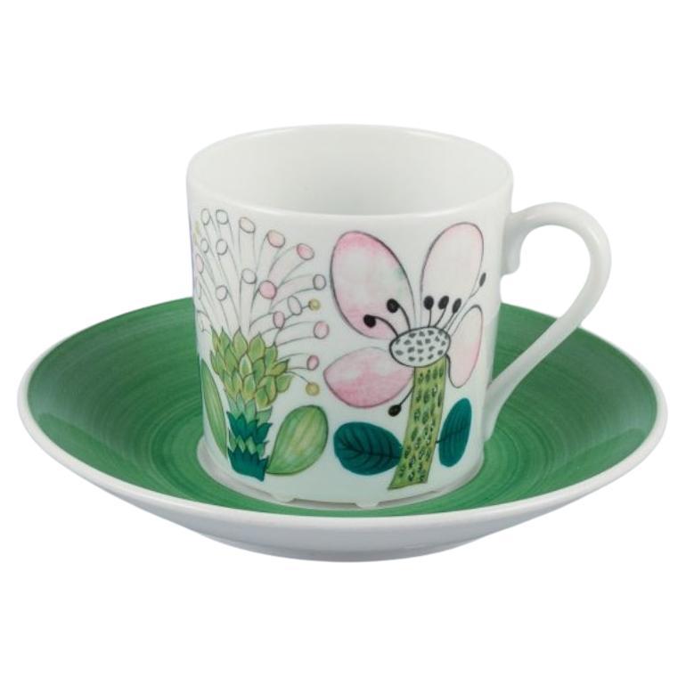 Stig Lindberg for Gustavsberg. "Tahiti" coffee cup with saucer with floral motif For Sale