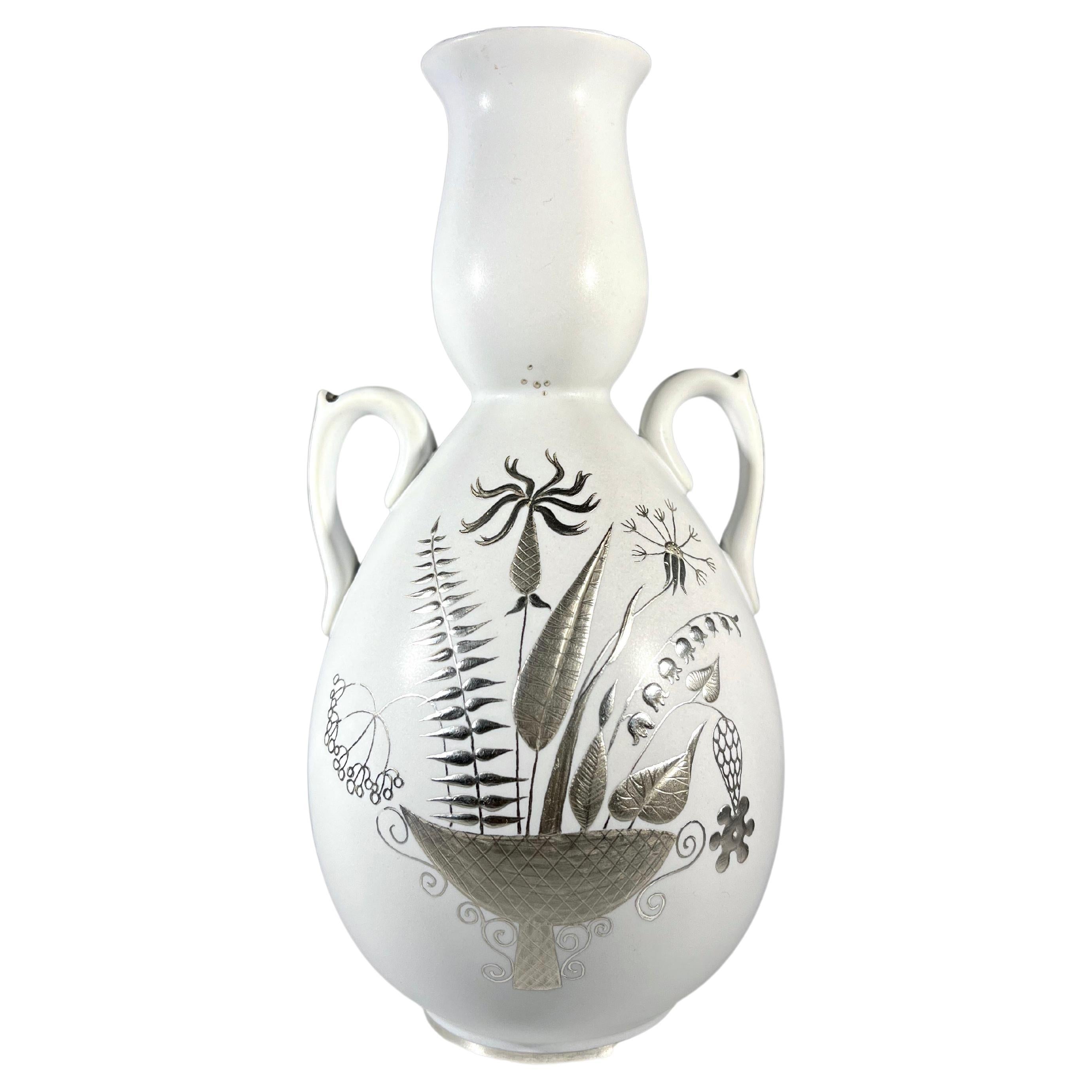 Stig Lindberg - Grazia For Gustavsberg, Applied Silver Stoneware Vase c1946-1950 For Sale