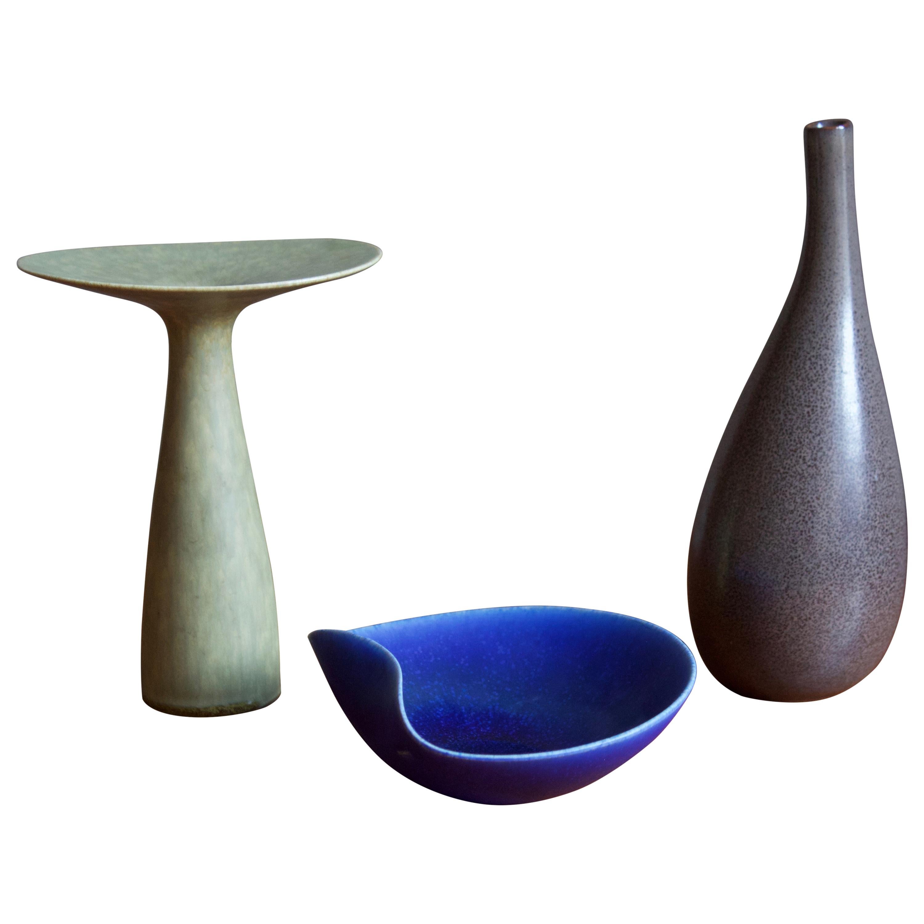 Stig Lindberg, Organic Vases & Bowl, Glazed Stoneware, Gustavsberg, Sweden 1950s